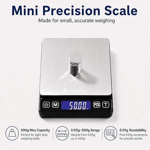 KitchenTour Mini Gram Scale for Coffee, Jewelry and Small Items, 500g x 0.01g Digital Pocket Scale with Tare, 6 Units, Back-Lit LCD, 2 Trays, Black