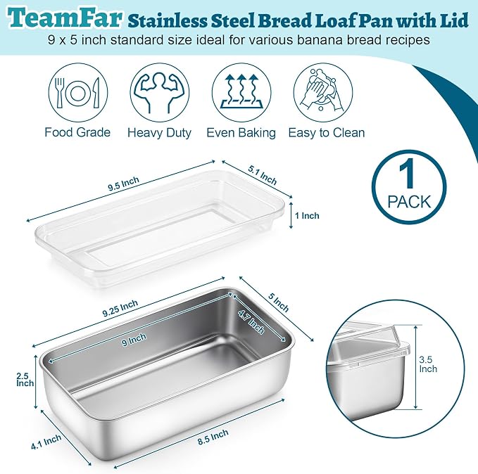 TeamFar Loaf Pan for Baking Bread, 9 x 5 Inch Stainless Steel Bread Loaf Pan with Lid, Meatloaf Pan Tin for Homemade Bread, Brownies, Meal Prep, Storage, Healthy & Dishwasher Safe