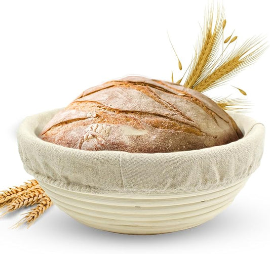Vollum Banneton Bread Proofing Basket & Liner – Handmade Rustic Sourdough Bread Baking Supplies, Brotform Basket, Sour Dough Tools, Gifts for Bakers - Round - 11"D x 3.5"H