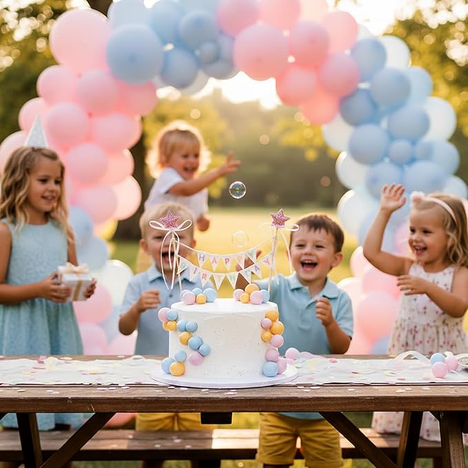 16 Pcs Happy Birthday Cake Topper Cake Bunting Topper Banner with Wood Pole Rainbow Garland with Bow Ribbon Balloon, Mini Cupcake Decor for Birthday Baby Shower (Pink,Blue,Yellow)