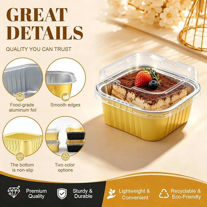 200 Pack 5 oz Mini Cake Pans with Lid, Aluminum Foil Mini Baking Tins, Square Disposable Cupcake Baking Cup Dessert Container for Wedding Birthday Party Picnic(Black, Gold, Classic)