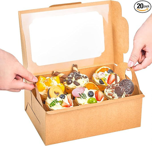 UnicoPak 20 Pack Brown Cupcake Boxes with Handle Tray - 4" Tall Large Muffin Boxes for 6 Cupcakes - Professional Food-Grade Cardboard Window Boxes for High Frosting, Toppers & Jumbo Treats
