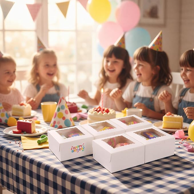 TOMNK 65pcs Cookie Boxes, 6x6x3 Inches Treat Boxes with Window, White Bakery Containers for Small Pie, Chocolate Covered Strawberries, Cupcake and Pastry