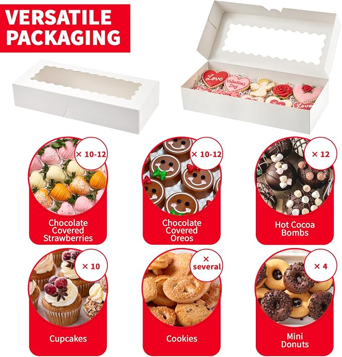 Ocmoiy 20 Pack Cookie Boxes, 12x5.5x2.5 Inch Bakery Boxes with Window, Auto-Popup Treat Box for Chocolate Covered Strawberries, Hot Cocoa Bombs, Pastries, Donuts, Muffins