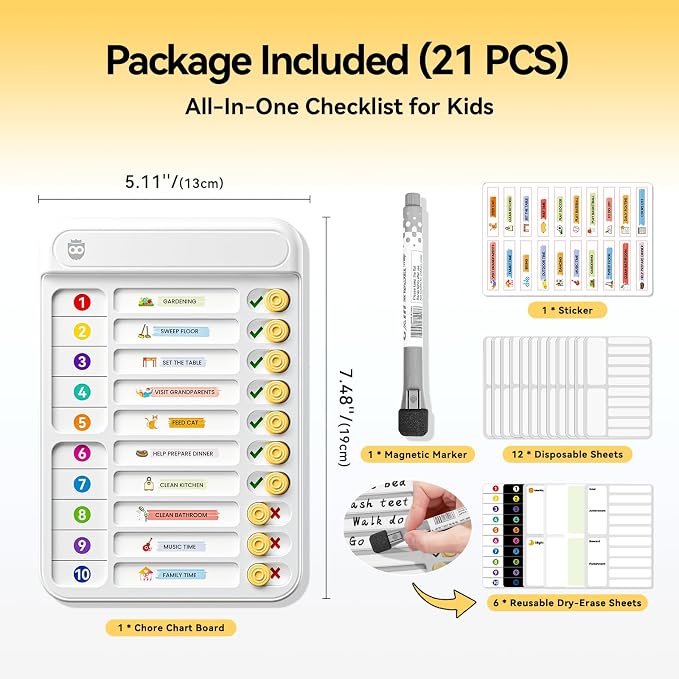 Chore Chart for Kids, Checklist Planning Board with Sliders, 19 Personalizable Sheets and Magnetic Marker, ADHD Tools for Kids to Do List Routine Chart Visual Schedule Magnetic Board for Fridge