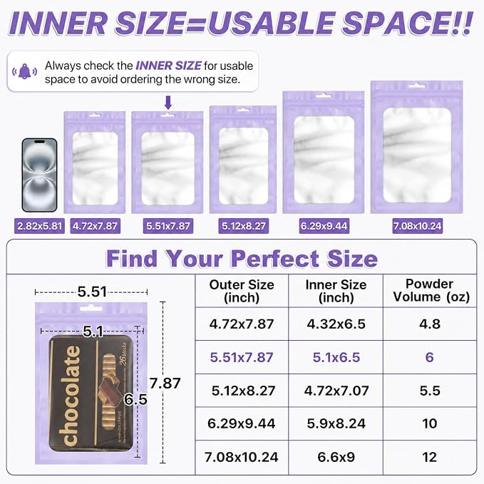 ANZNKU 100 Pack Lavender Purple Resealable Mylar Bags with Frosted Clear Window 5.51x7.87", Smell Proof Foil Pouch Bag for Jewelry Candy Storage Supplies, Sealable Packaging Bags for Small Business