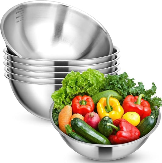 Honeydak 6 Pcs 304 Stainless Steel Mixing Bowls with Graduations, Salad Bowls Metal Serving Reusable Baking Food Storage Containers for Baking Cooking Salads Soups Ice Cream Noodles (54 oz)