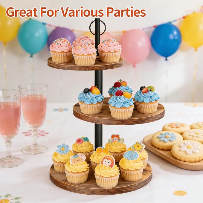 Cupcake Stand, 3 Tier Cupcake Stand Rustic Dessert Table Display Set Wood Cupcake Tower Cake Stand Tiered Tray Stand for Wedding Birthday Baby Shower 3 Pack