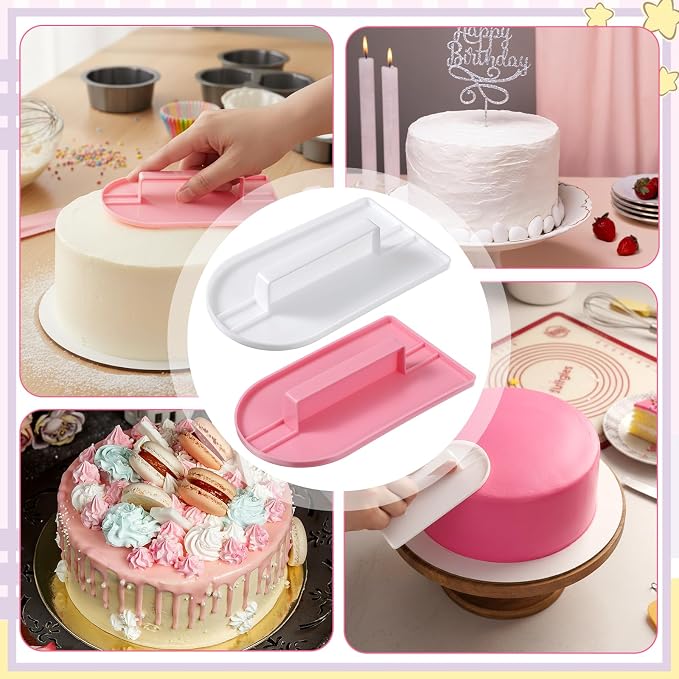 2 Pcs Cake Decoration Icing Smoother, Fondant Smoothing,Plastic Polisher Cake Decorating Tools, Fondant Smoother Set, Icings Scraper Paddle Tool for DIY Cakes (5.7" x 3.1", Pink, White)