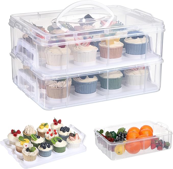 BSTKEY 2 Tier Cupcake Carrier, Each Tier Holds 12 Cupcakes, 2 in 1 Stackable Cupcake Container and Cake Keeper with Lid, Clear Plastic Box Holding 24 Pastries for Birthday Party Bakery Supplies
