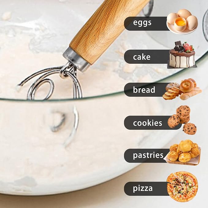 TEEVEA Danish Dough Whisk Stainless Steel for Sourdough Bread Baking | Wooden handle, sturdy stainless steel ring; ideal for sourdough, pizza dough & pastry, non-clumping mixing, easy to clean