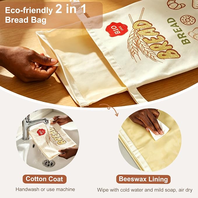Beeswax Bread Bags for Sourdough, 2 Pack XL Reusable Cotton Linen Food Storage with Removable Beeswax Liner Includes a Proofing Cover, for Homemade Bread Bagels & Cookies 17x13 Inch to Keep Fresh