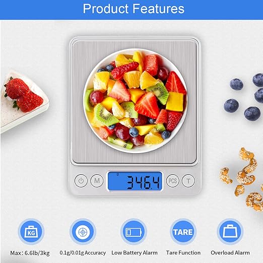 UNIWEIGH Digital Kitchen Scale,3kg/0.1g Pocket Food Scale Measure in Grams and oz for Loss Weight,Cooking Baking,Jewelry,High Precision Gram Scale with 6 Units,Small Coffee Scale with 2 Trays,LCD,Tare