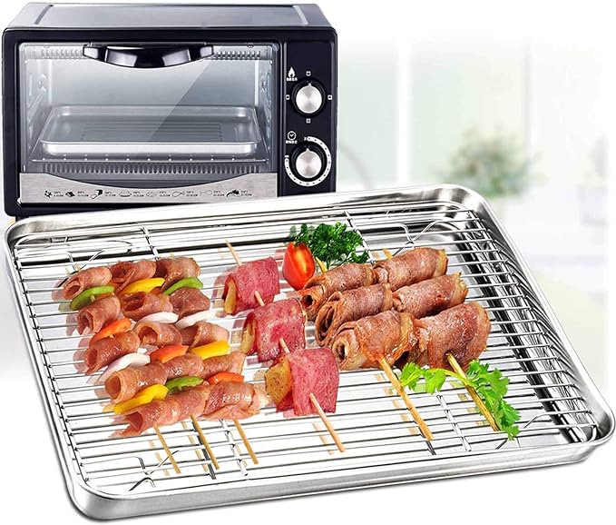 TeamFar Baking Pan with Rack Set of 4, 12.5’’ x 9.5’’ Stainless Steel Toaster Oven Baking Pan with Cooling Rack, Healthy & Non Toxic, Easy Clean& Mirror Finish, Dishwasher Safe - (2 Pans + 2 Racks)