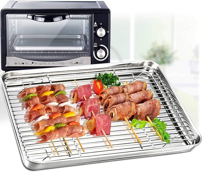 TeamFar Toaster Oven Pan Tray with Cooling Rack, 10.4''x 8.1''x1'', Stainless Steel Toaster Ovenware Pan, Healthy & Non Toxic, Rust Free & Easy Clean - Dishwasher Safe