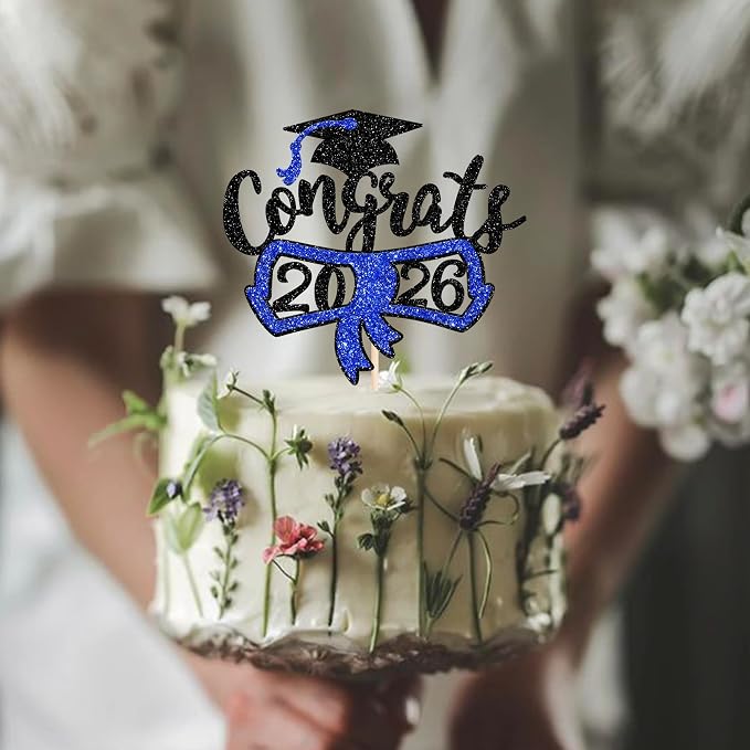 1 Pack Congrats 2026 Cake Topper Glitter Diploma Graduation Cap Cake Pick Contrats Class of 2026 Cake Decorations for 2026 Graduation Theme High School Boys Girls Graduate Party Blue