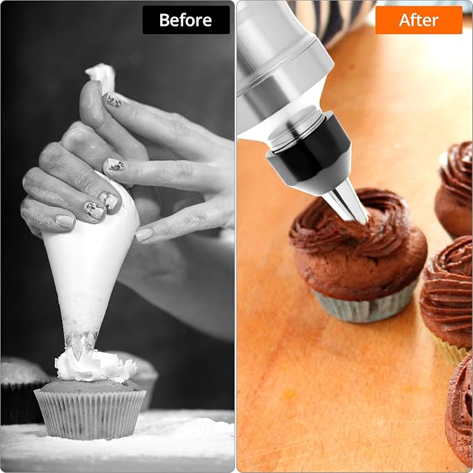 QWORK Dessert Decorating Syringe Set, 304 Stainless Steel Frosting Icing Piping Kit with 6 Replaceable Tips and 8 Silicone Cupcakes - Ideal for Cakes, Cupcakes, Cookies