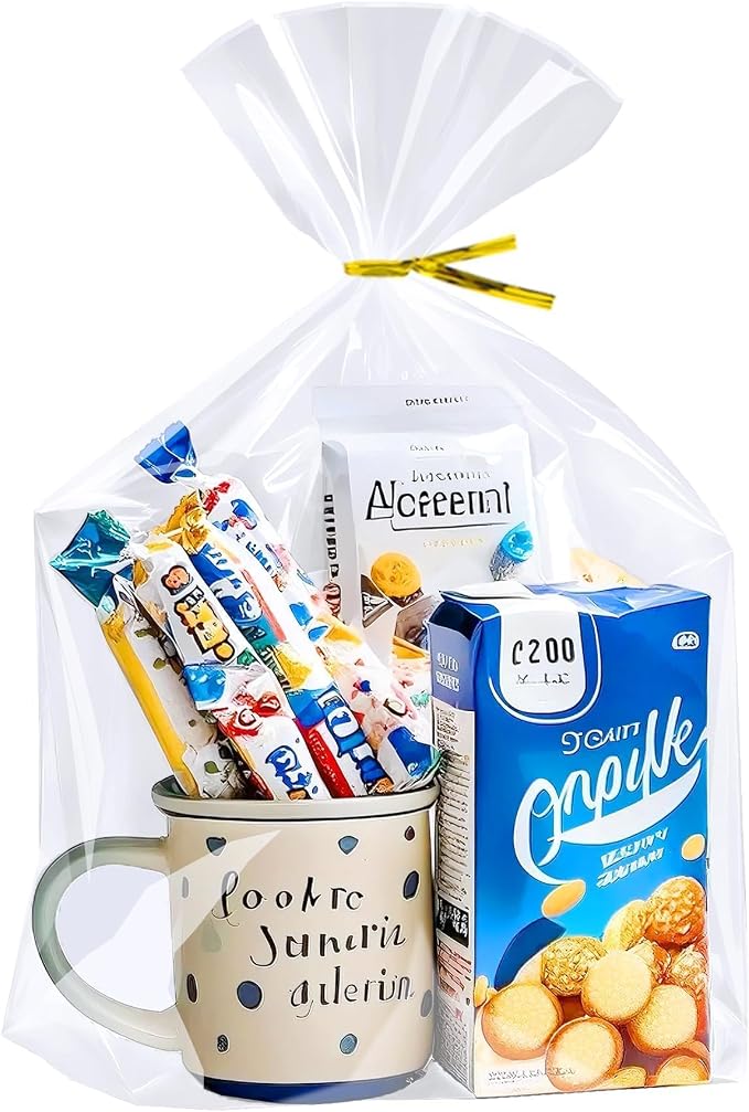 PigPotParty Cellophane Bags 10x14 Inch, 50 Pack Clear Plastic Gift Bags with Bottom Gusset for Stand-Up Display, Medium Cello Wrap for Large Goodies, Treats, Party Favors, Mugs, Includes 50 Ties