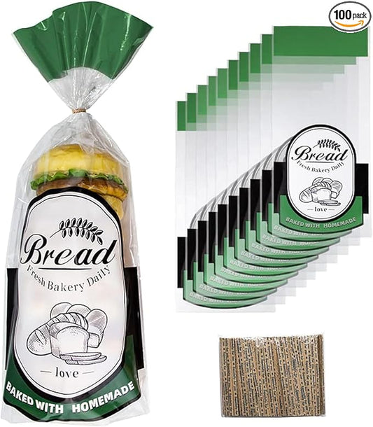 Plastic Bread Bags with Twist Ties, 100 Packs Clear Bread Bags for Homemade Mini Loaf/Donut/Muffin/Bagel - 8 * 18 * 3 inch (Green)