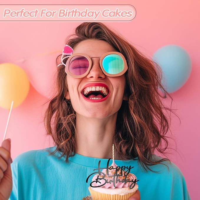 Weysat 30 Pcs Black Mirror Acrylic Cupcake Toppers Happy Birthday Cake Decorations for Birthday Party Cupcake Toppers
