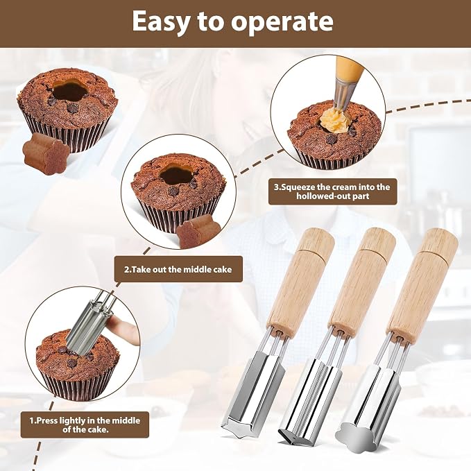 SHANGSKY Pastry Cutter Wheel Cupcake Corer Stainless Steel, 3 Pcs Cupcake Filler Tools, Heart Star Flower Type Sandwich Cupcake Filler Tools, Kitchen Cake Baking Filling and Decorating
