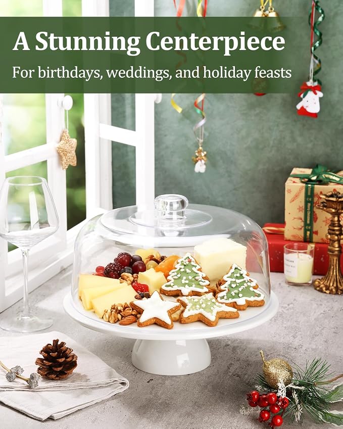 12 Inch Porcelain Cake Stand with Dome, White Round Dessert Stand for Cakes, Cupcakes & Pastries – Elegant Covered Cake Display for Birthday Parties, Weddings & Baby Showers