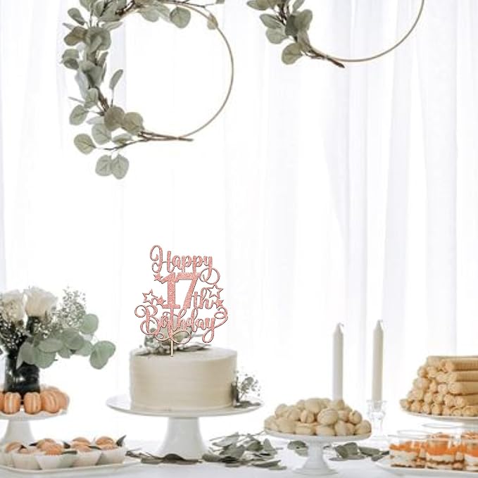 1 PCS Happy 17th Birthday Cake Topper Glitter Cheers to 17 Years Birthday Cake Pick Hello 17 Fabulous Cake Decoration for Happy 17th Birthday Anniversary Party Decorations Supplies Rose Gold