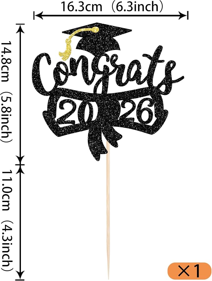 1 Pack Congrats 2026 Cake Topper Glitter Diploma Graduation Cap Cake Pick Contrats Class of 2026 Cake Decorations for 2026 Graduation Theme High School Boys Girls Graduate Party Black