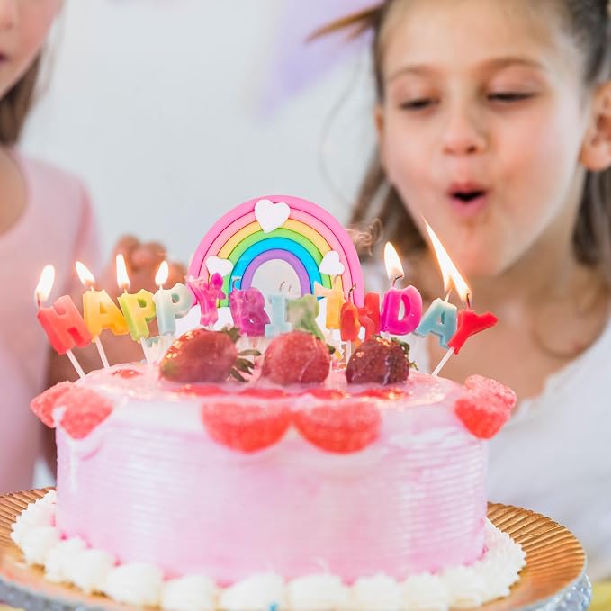 Rainbow Cake Topper, Cute Colorful Cloud and Heart Rainbow Cake Decoration Natural Sky Theme Party Decorations Soft Pottery Cake Decoration Supplies for Boys Girls Happy Birthday Party Wedding