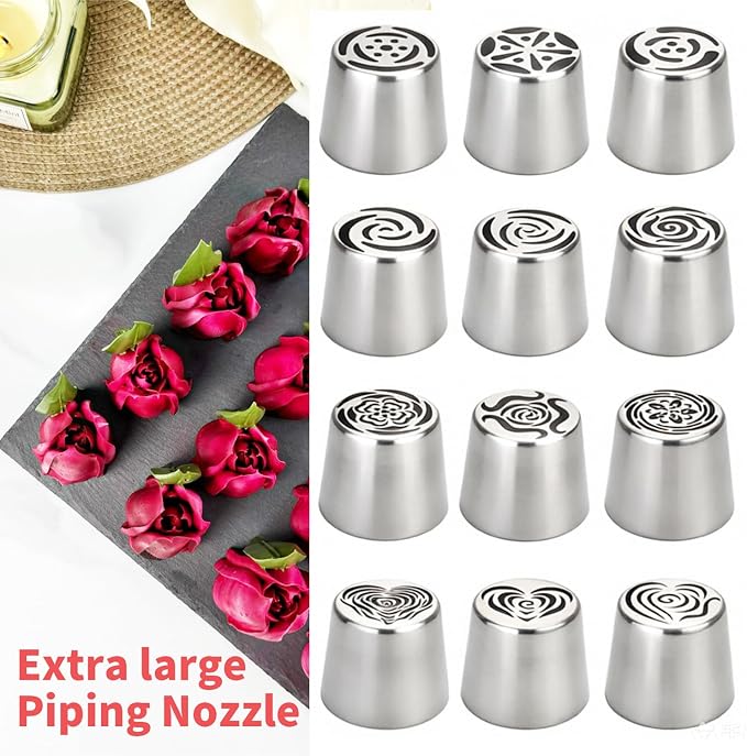 12Pcs Extra Large Russian Piping Tips Set, 304 Stainless Steel Icing Nozzles with 6 Pcs Silicone Cupcake,10 Pastry Bags,Cleaning Brush, Cake Decorating Tools for Cupcake, Cookie, Dessert