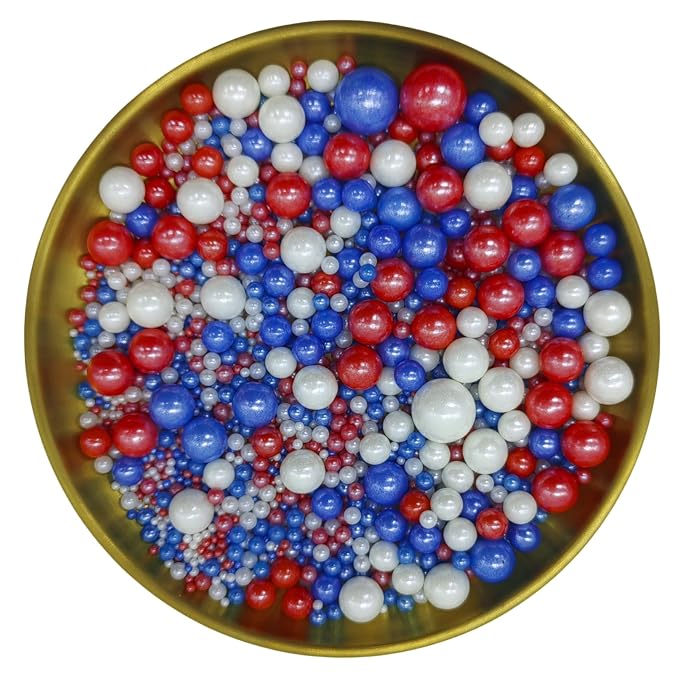 Patriotic Edible Red & Blue & White Sugar Pearls Sprinkles Candy Mix Size Pearls Cake Decorations Cupcake Toppers Decorating Perfect for Wedding Party Valentine Christmas Supplies 4.58OZ