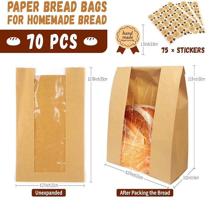 70 Pack Large Bread Bags for Homemade Sourdough Bread - Kraft Paper Storage Bakery Bags with Clear Window Bonus 75 Seal Stickers for Sourdough Sandwich (13.7x8.2x3.5 Inches, Brown)