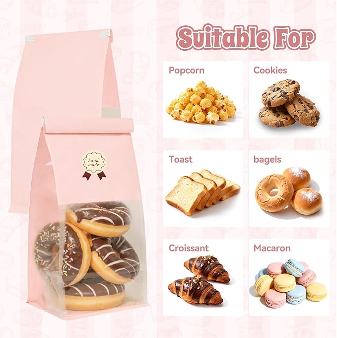 100 Bakery Bags with Window, 5.1x3.9x11 Inches Paper Bread Bags, Tin Tie Tab Lock Cookie Bags Food Storage Bag for Snacks, Popcorn, Candies, 120 pcs Stickers Included (100, Medium)