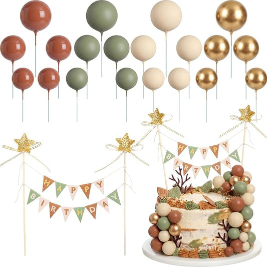 21 Pcs Happy Birthday Cake Topper Cake Bunting Topper Banner with Wood Pole Rainbow Garland with Bow Ribbon Balloon, Mini Cupcake Decor for Birthday Baby Shower (Brown,Gold,Green,Apricot)