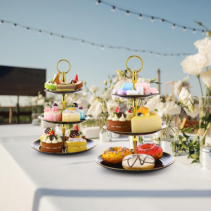Teenyyou 8 Pack 3 Tier Cupcake Stand Bulk Tiered Dessert Stand Thick Plastic Serving Tray with Gold Edges Dessert Table Display Set Tea Cake Holder for Wedding Birthday Party(Black,Round)
