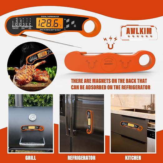 AWLKIM Digital Meat Thermometer, Instant Read Thermometer, Orange | Food thermometer for grill, BBQ, candy, oil and baking; backlit display, foldable probe and magnetic storage.