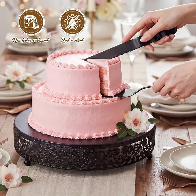 Wenqik 12 Inch Black Cake Stand Set Metal Round Cupcake Dessert Stand with Cake Cutting, Flower Spatula Wedding Cupcake Pastry Display Candy Holder Display for Wedding Party Birthday Baby Shower
