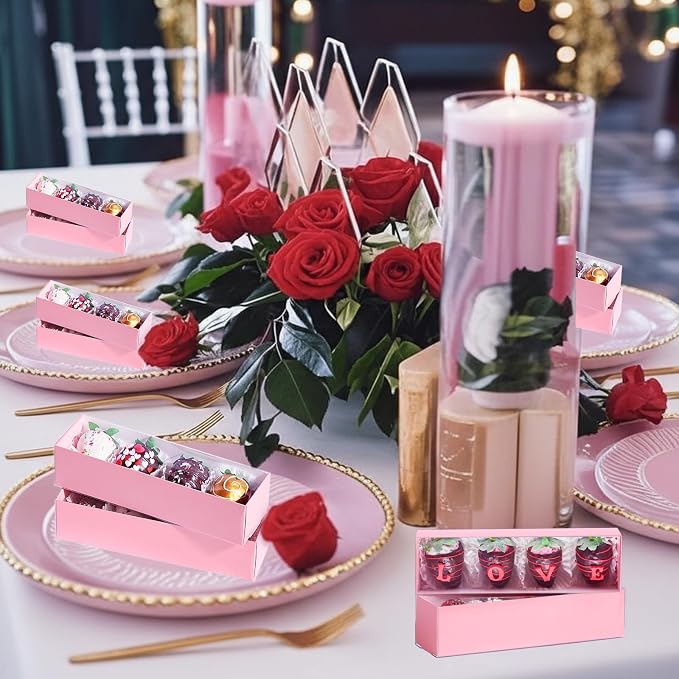 TEMLQPACK Bakery Packaging Supplies: 12Pack Pink Chocolate Covered Strawberry Box for 4, Macaron Boxes, Long Treat Box for Truffles, Cookies, Ores, Chocolate Cocoa Bombs & Cake Ball