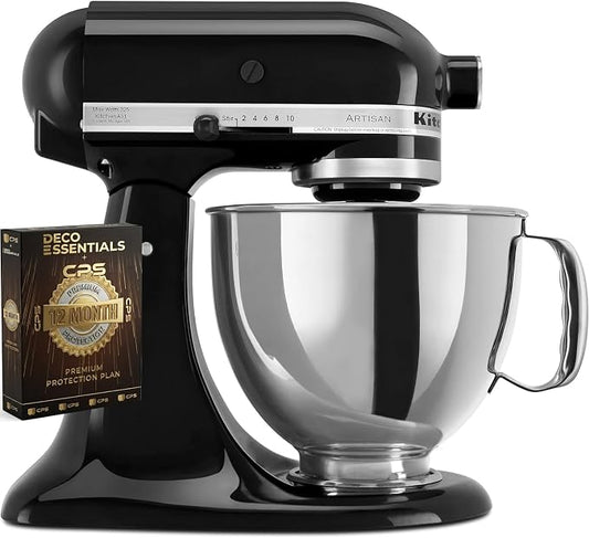 KitchenAid Artisan Series 5 Quart Tilt Head Stand Mixer with Pouring Shield KSM150PS, Onyx Black Bundle with Deco Essentials Exclusive CPS 1 Year Extended Protection Pack