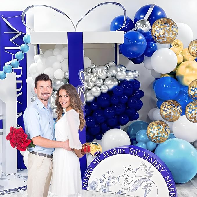MEBAY Navy Blue White Gold Balloon Garland Arch Kit, 147PCS Royal Dark Pastel Blue White Gold Balloons with Confetti for Birthday Party Baby Shower Wedding Graduation Decorations