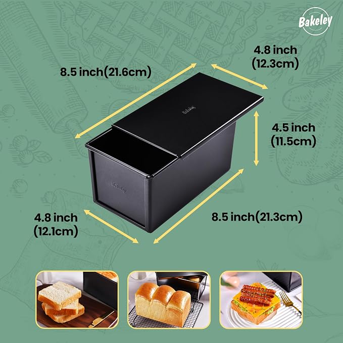 Commercial Pullman Loaf Pan with Lid, 1Lb Dough Capacity Non-stick Rectangle Flat Toast Box for Oven Baking 8.3" x 4.8" x 4.3"(Black)