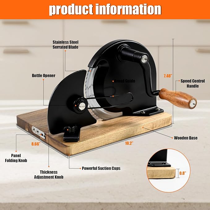 Upgraded Foldable Manual Bread Slicer,Manual Bread Slicer with Hand Crank,Adjustable Thickness,Equipped with Stainless Steel Blades,Non-Slip Base,Graduation Lines