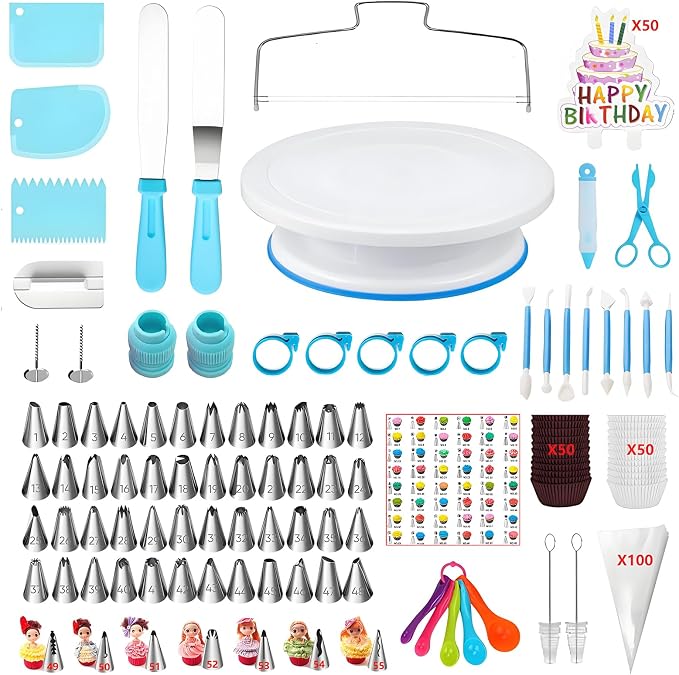 ANSLYQA Cake Decorating Kit, 340 Pcs Baking Tools (Blue) | Cake Turntable, Leveler, 55 Numbered Icing+Skirt Tips, 2 Spatulas, 3 Scrapers, 100 Pastry Bags, 100 Cupcake Liners & More