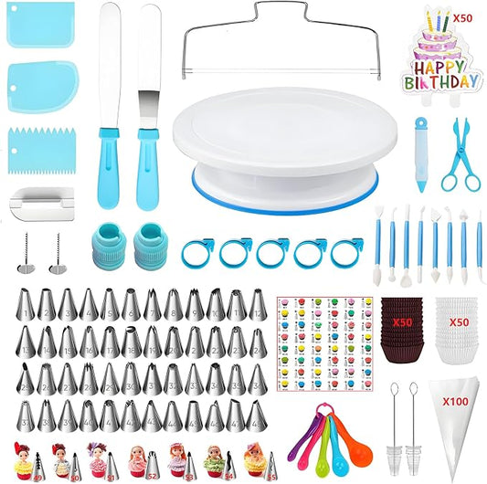 ANSLYQA Cake Decorating Kit, 340 Pcs Baking Tools (Blue) | Cake Turntable, Leveler, 55 Numbered Icing+Skirt Tips, 2 Spatulas, 3 Scrapers, 100 Pastry Bags, 100 Cupcake Liners & More