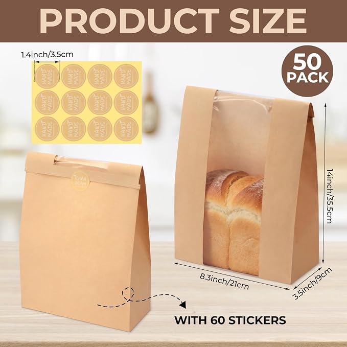 Twdrer 50 Pack Large Kraft Paper Bread Loaf Bag with Clear Front Window,Tin Tie Tab Lock Brown Bakery Coffee Cookie Treat Packaging Bags with 60 PCS Label Seal stickers(14" x 8.3" x 3.5")