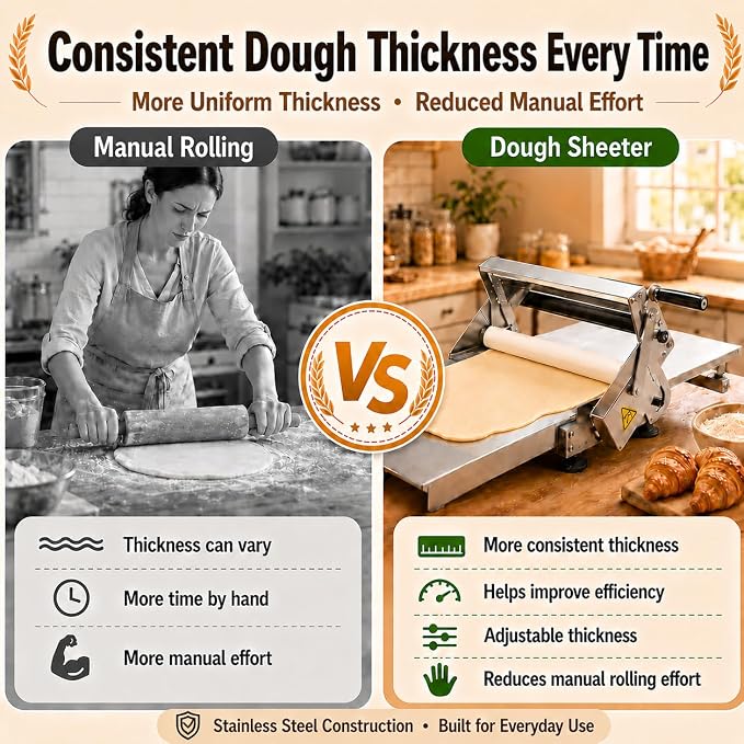40.6"X22.8" Foldable Manual Dough Sheeter, Stainless Steel Dough Roller Machine with 0-25mm Adjustable Thickness, Pastry Sheeter for Pizza Dough, Croissant Dough, Bakery, Restaurant & Home Use