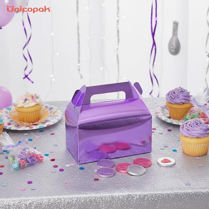 UnicoPak 30 Pack Purple Party Favor Bag Boxes, Gable Gift Boxes for Treats Goodies Cookies Candies, Ideal for Purple Party Favors, Theme Birthday Party, Valentine's Day, 6.5x3.5x3.5 Inches