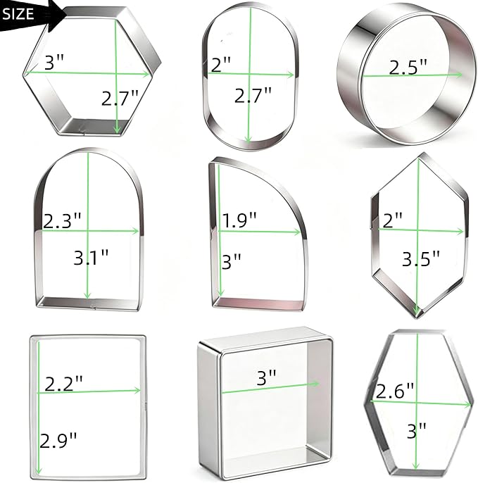 9 Pieces Geometric Plaque Cookie Cutter Set,Arch,Oval,Hexagon,Square,Rectangle，Circle，D-Shape，Long Diamond Frame Shape Stainless steel Molds for Kitchen Baking