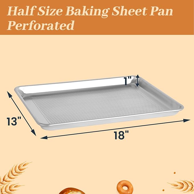 6 Pack Perforated Half Size Aluminum Baking Sheet Pans, 18"x13" | NSF, commercial cookie sheets, rolled rim baking pan, for roasting, freezer, bakery, oven safe up to 500℉