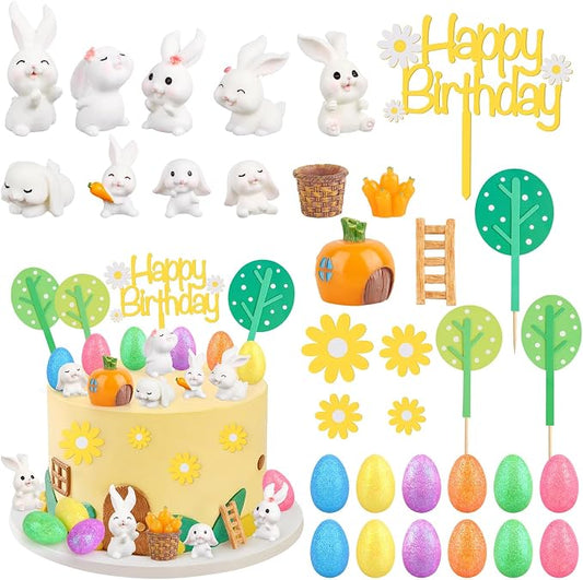 Hooqict 29Pcs Easter Cake Decorations Set with Mini Rabbits, Easter Eggs, Carrots, Happy Birthday Bunny Cake Topper & Cupcake Topper for Kids Bunny Birthday Decorations Rabbit Themed Party Supplies